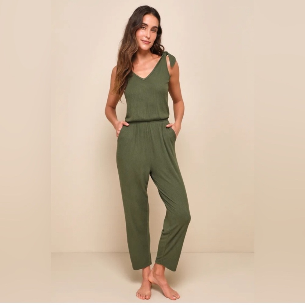Lulus Belmore Olive Green Ribbed Sleeveless Jumpsuit - Large
